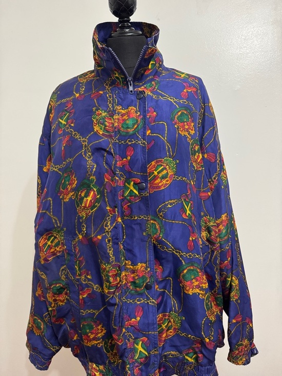 Vintage Jackets & Blazers - Vintage Simply Rich Silk Blue Chain Print Bomber Jacket